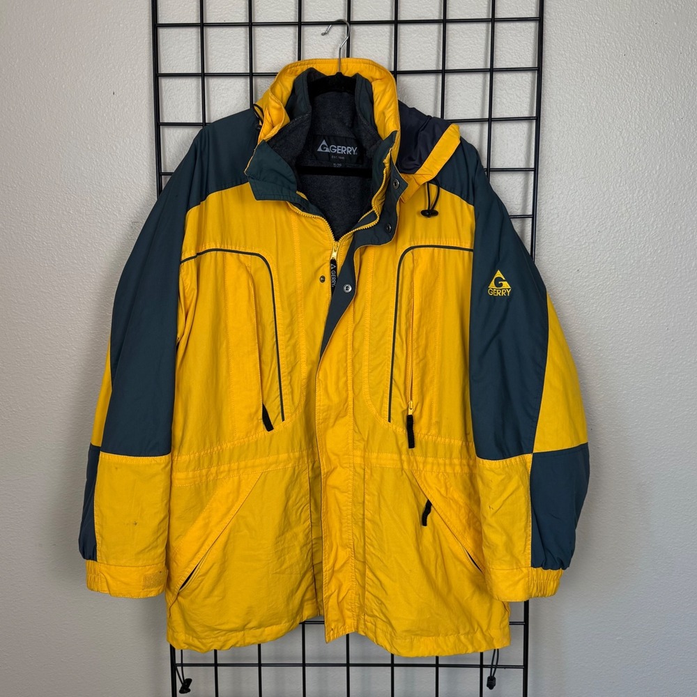Vintage Gerry Parka Jacket Mens XL Yellow Colorblock Fleece Lined Hood Coat 90s